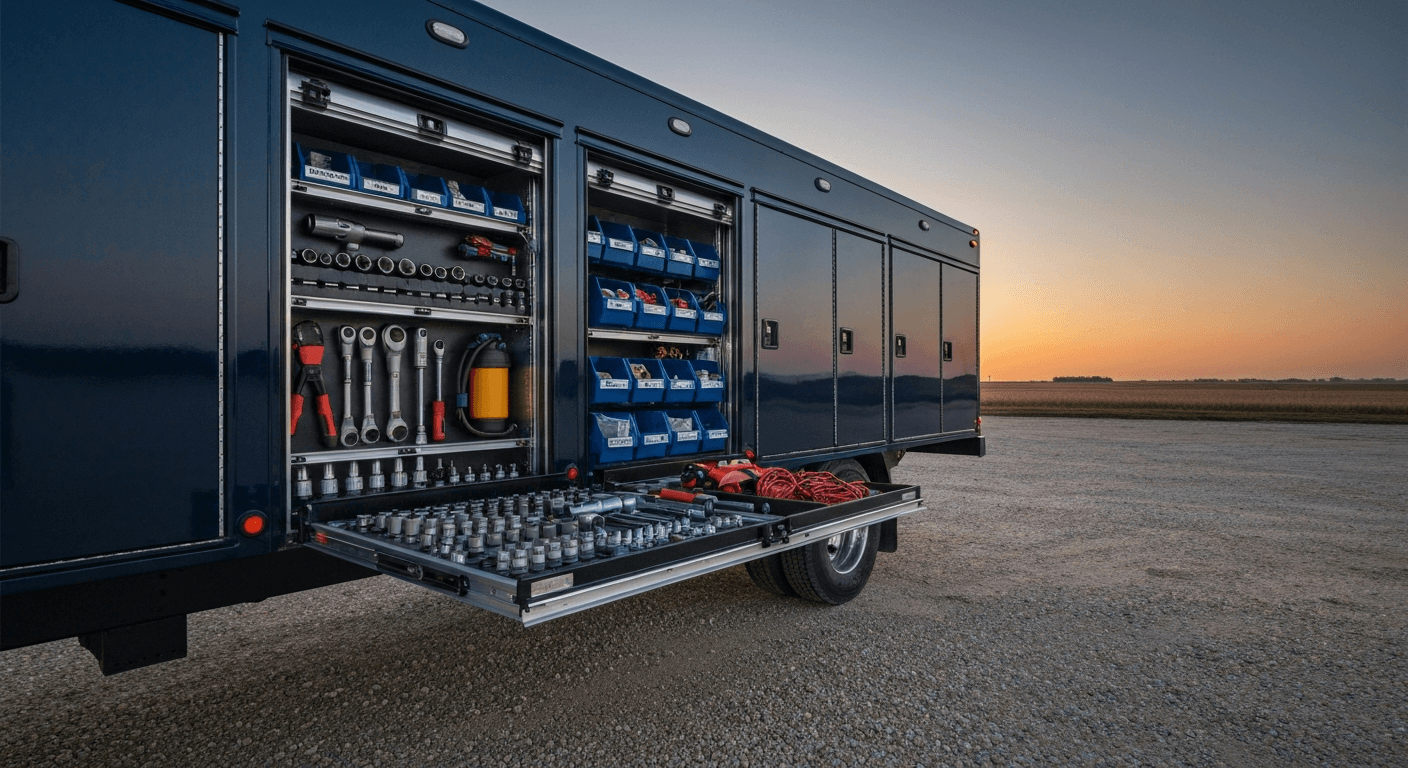 Mobile diesel service truck with tools ready for an on-site coach AC repair in Lincoln