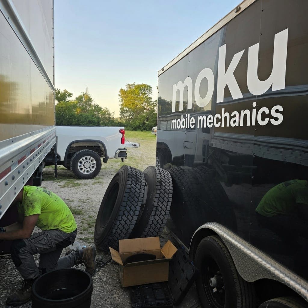 Moku Mobile Mechanics service truck with new commercial truck tires during a mobile tire replacement