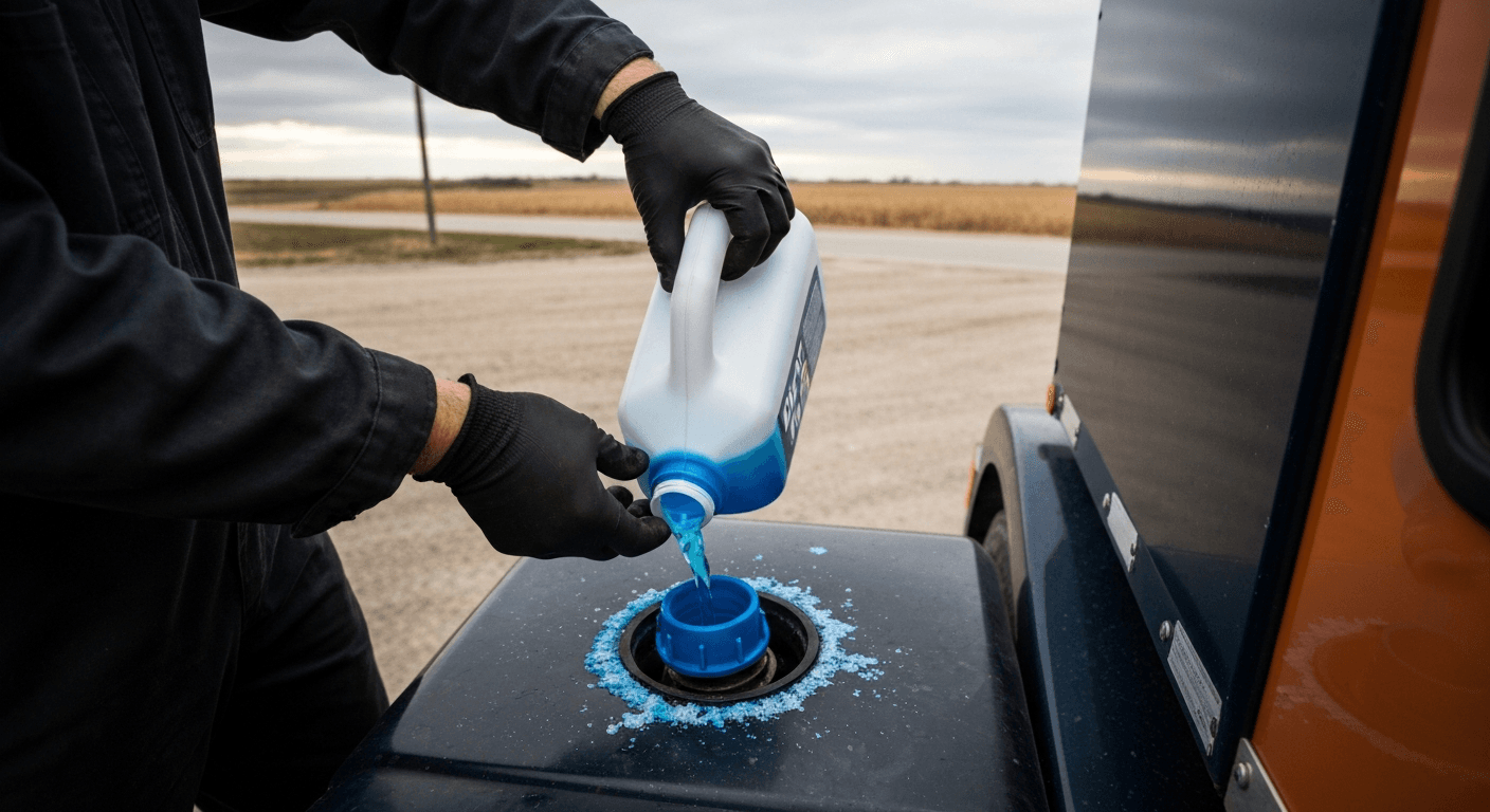 Driver pouring DEF from a 2.5-gallon jug into a Class 8 truck DEF tank at a Nebraska truck stop