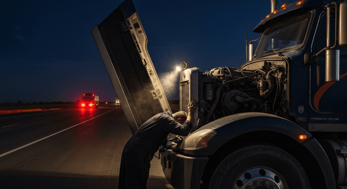 Night service call on a Class 8 truck with engine bay lit by work lights