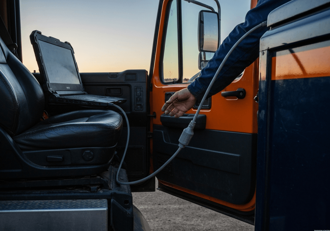 Mobile mechanic running ECM diagnostics with a laptop on a Class 8 truck
