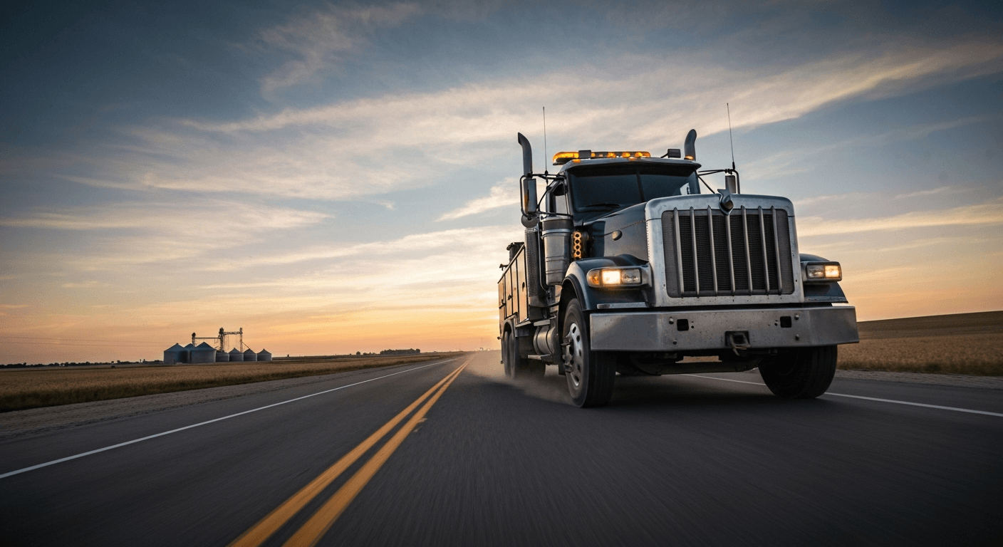 Mobile mechanic service truck on I-80 in Nebraska at sunset