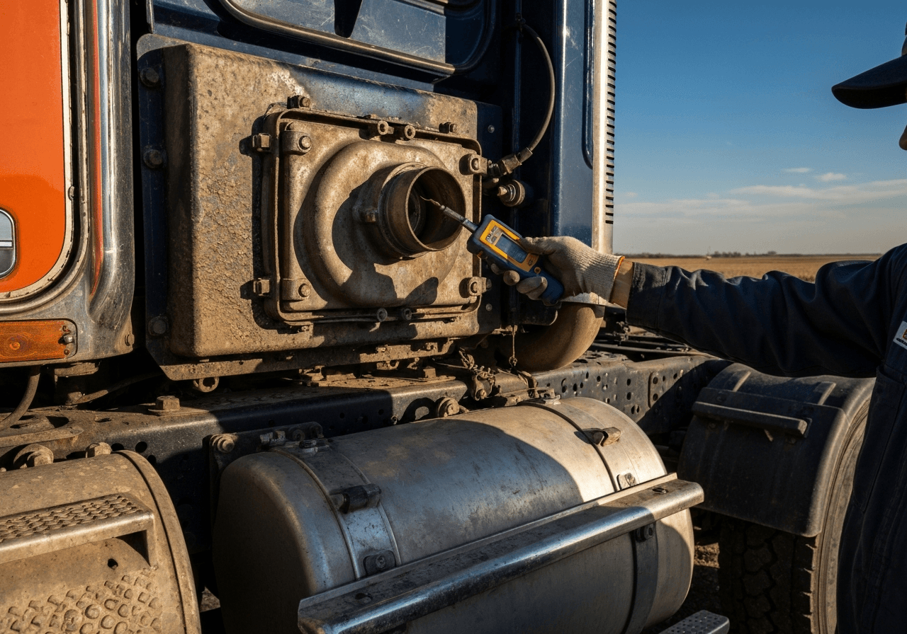 Class 8 truck aftertreatment system showing DPF and SCR components