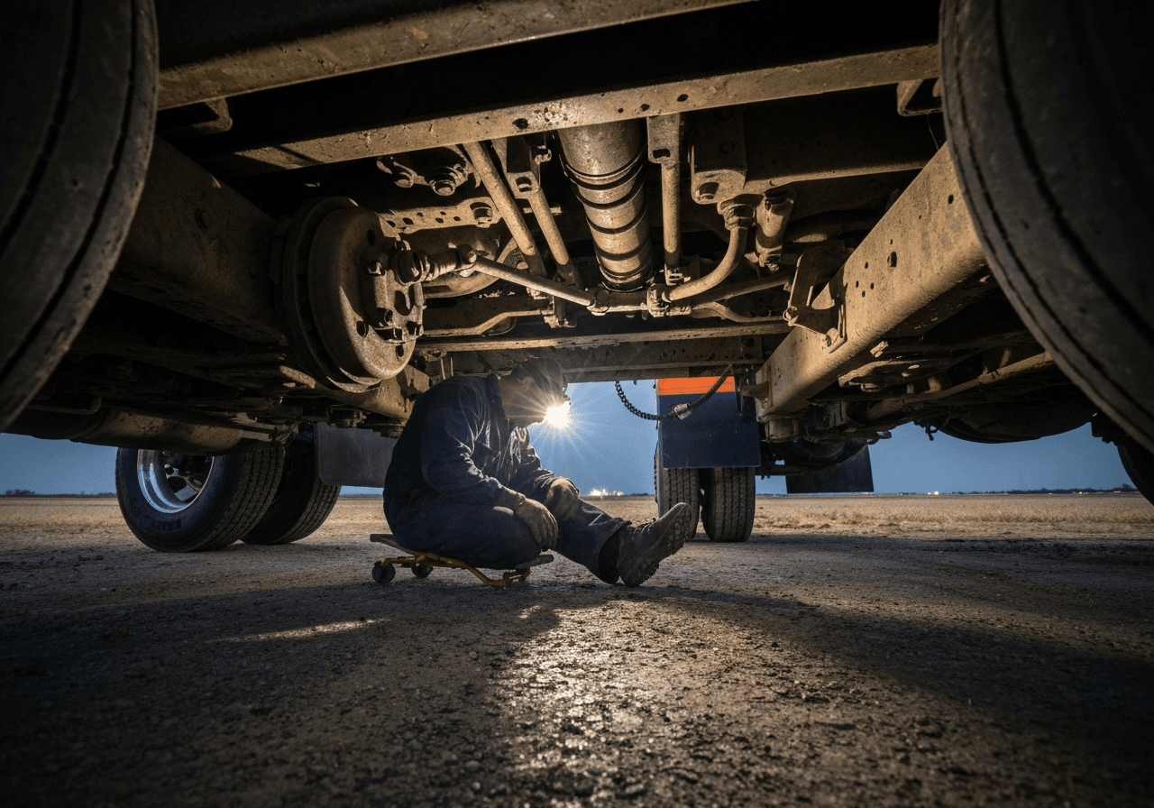 Mechanic adjusting a slack adjuster on a Class 8 truck brake system