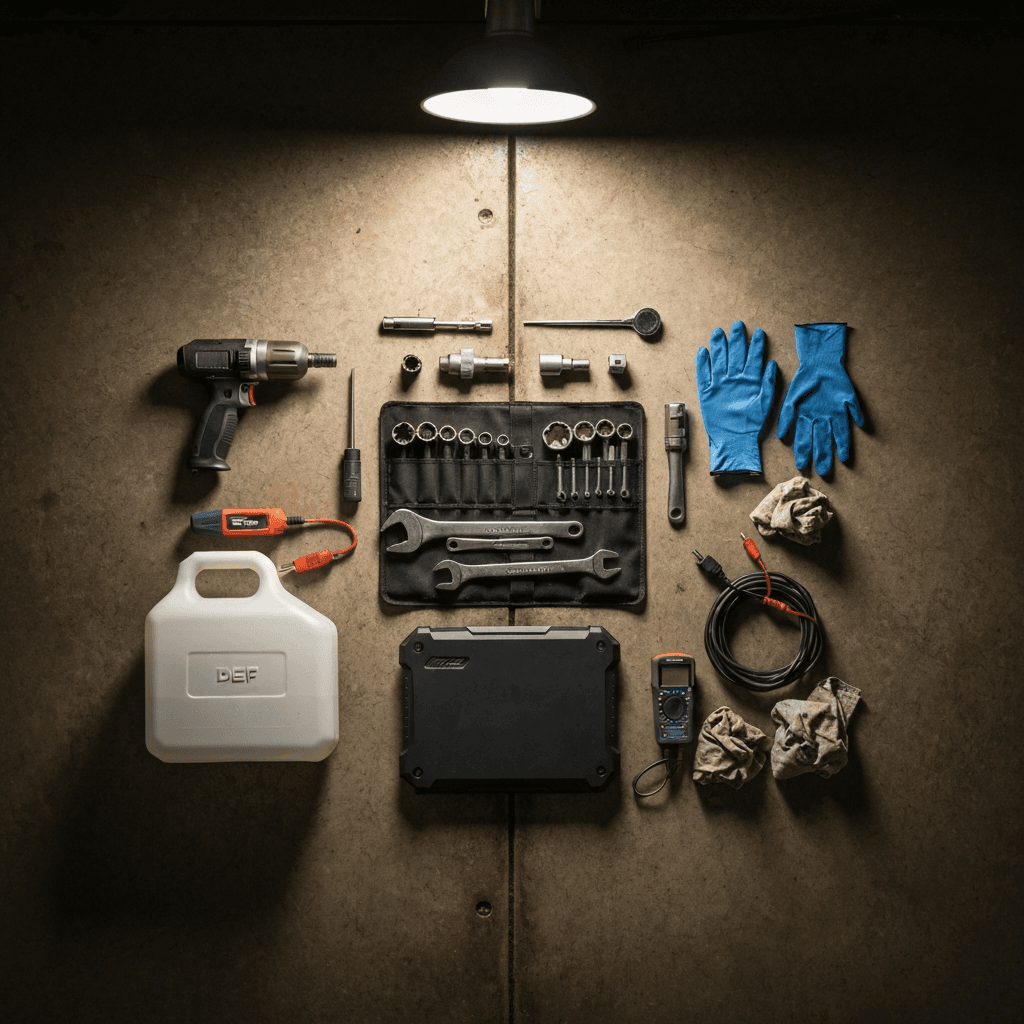 Flat-lay of mobile mechanic tool tray with wrenches, filters, and diagnostic gear