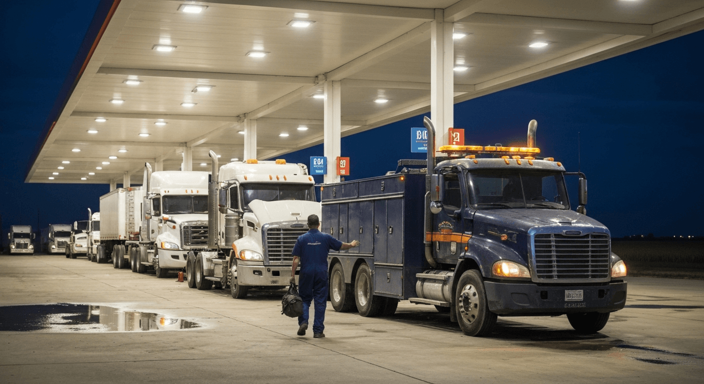 Mobile mechanic service truck arriving at a truck stop for an emergency call
