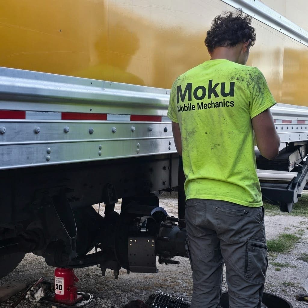 Moku Mobile Mechanics technician servicing a semi-trailer axle in the field with a bottle jack