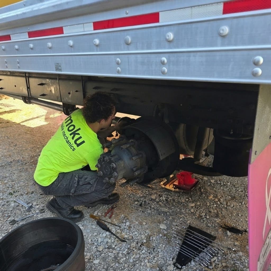 Moku Mobile Mechanics technician performing a wheel-off hub and brake service on a semi-trailer axle
